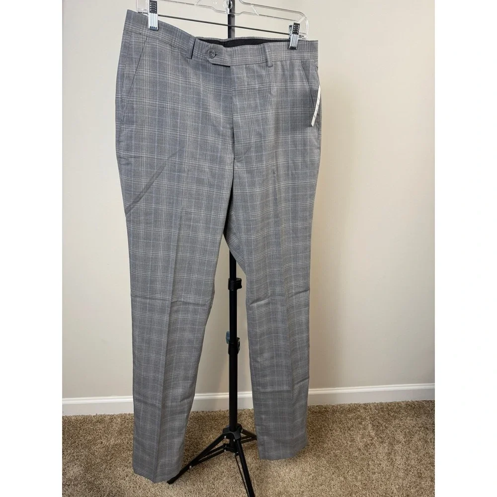 NEW Michael Kors Modern Fit Wool Blend Plaid Pants Light Grey Men's 32W x 34L
